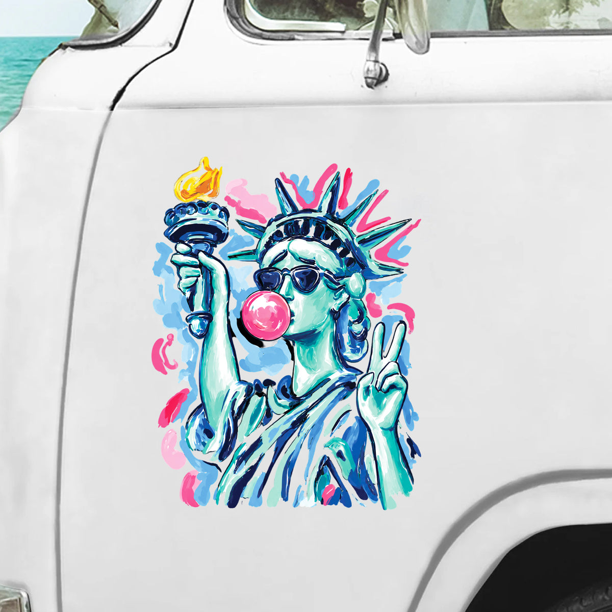 Preppy Statue of Liberty Blowing Bubble Gum Decal, Funny 4th of July Home Decor, Patriotic Decal