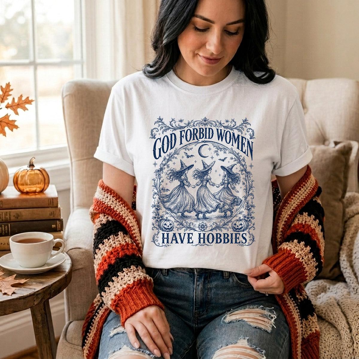 God Forbid Women Have Hobbies T-Shirt, Blue Toile Witch Tee, Vintage Halloween Aesthetic Shirt