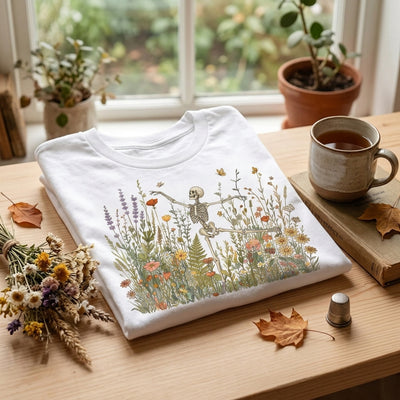 Skeleton Dancing Arabesque Wildflower T-shirt, Botanical Floral Tee, Cottagecore Halloween Shirt, Boho Hallween Tee, Nature Lover Gift