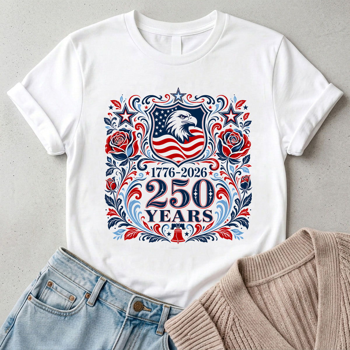 250th America Anniversary T-Shirt, Retro 4th of July Floral USA Shirt, Patriotic American Flag Tee, Vintage Independence Day Shirt