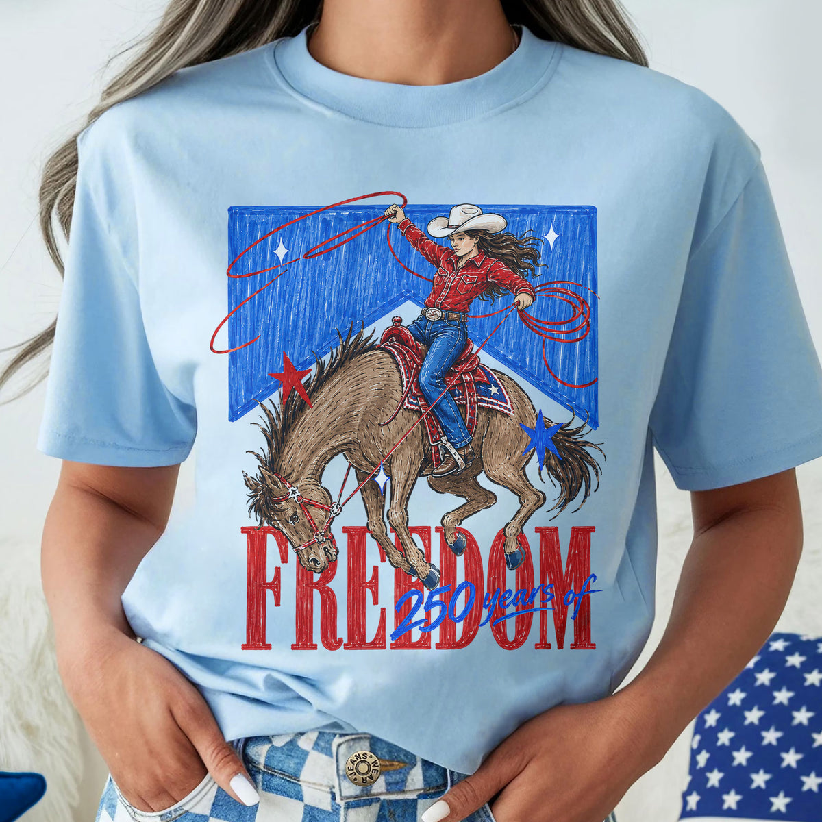 Freedom 250 Years Cowgirl Shirt, Patriotic Western Rodeo Girl Shirt Design, America 250th Birthday, Fourth of July USA Cowgirl