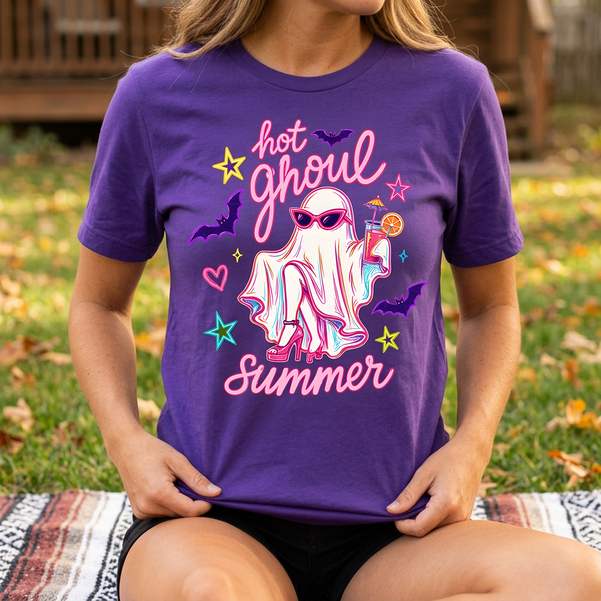 Hot Ghoul Summer - Cute Ghost Halloween Shirt, Neon Retro Spooky Tee, Trendy Fall Graphic T-Shirt