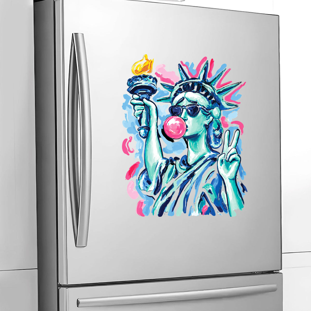 Preppy Statue of Liberty Blowing Bubble Gum Decal, Funny 4th of July Home Decor, Patriotic Decal