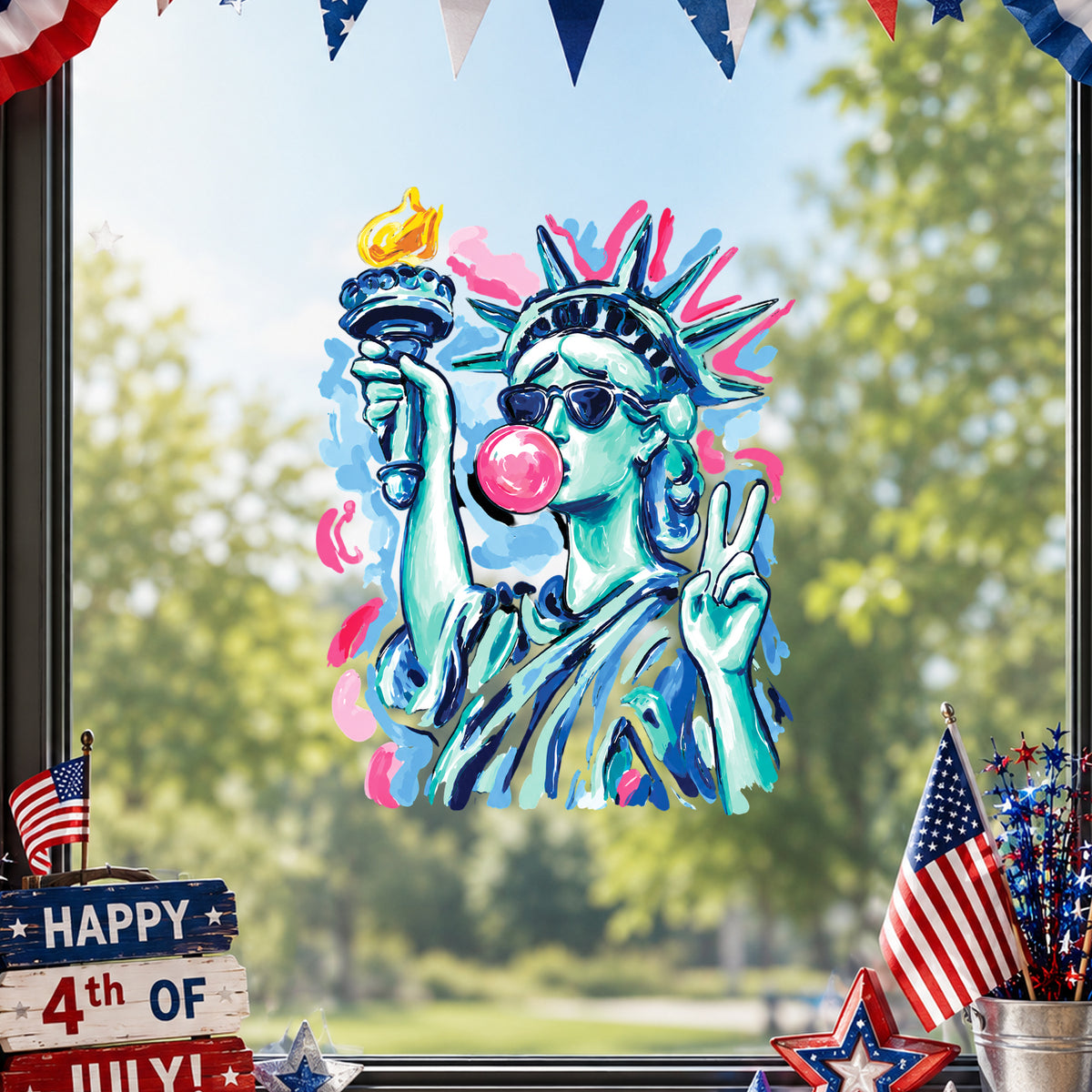 Preppy Statue of Liberty Blowing Bubble Gum Decal, Funny 4th of July Home Decor, Patriotic Decal