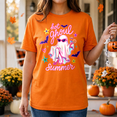 Hot Ghoul Summer - Cute Ghost Halloween Shirt, Neon Retro Spooky Tee, Trendy Fall Graphic T-Shirt