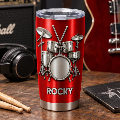 Drums Are My Therapy – Personalized Tumbler, Brushed Silver Metal Tumble, Drum Lovers Gift