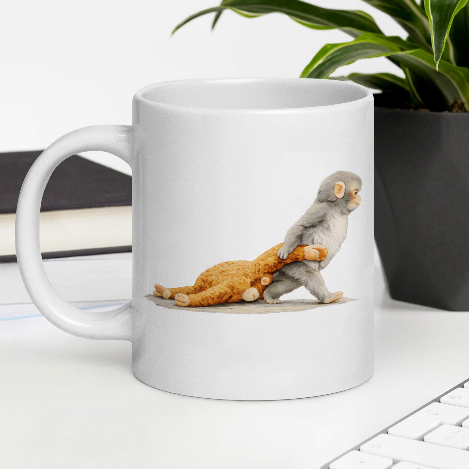 Monkey Punch Graphic Mug, Baby Monkey Holding Plush Toy Tee, Animal Lover Gift, Cute Trendy Mug gift