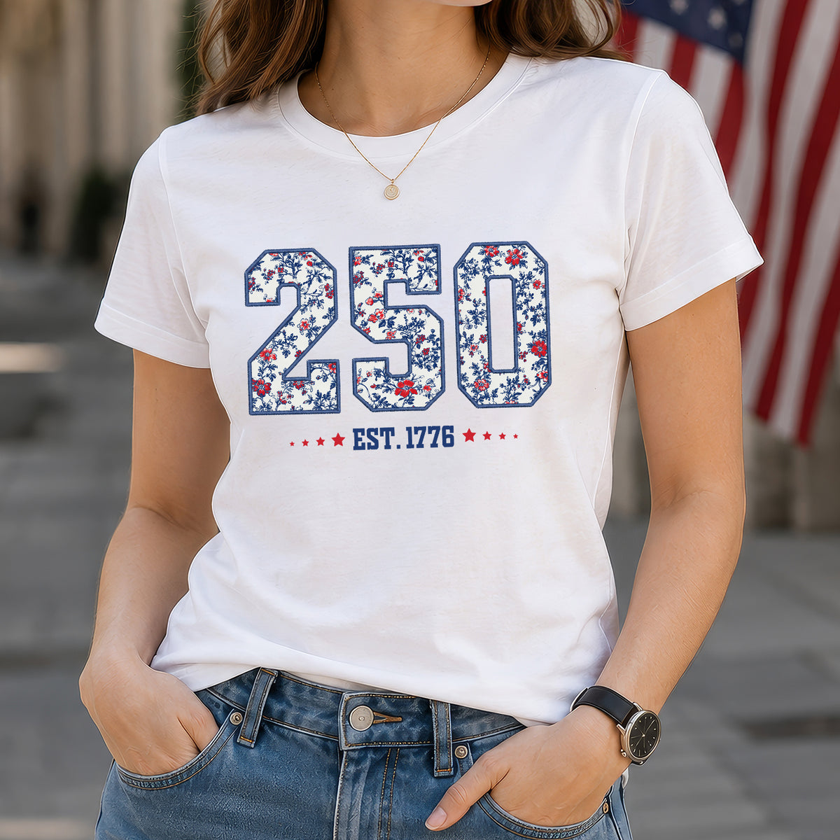 250 Est. 1776 Floral T-shirt, Vintage Patriotic Americana Shirt, Blue Denim Fourth of July Shirt