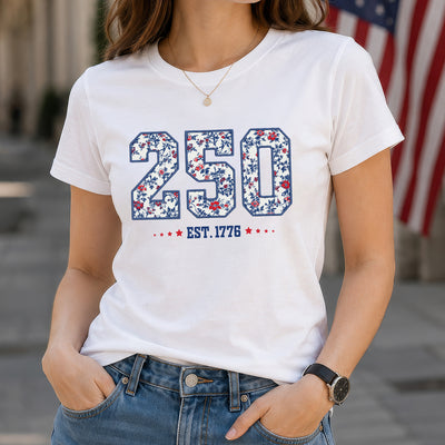 250 Est. 1776 Floral T-shirt, Vintage Patriotic Americana Shirt, Blue Denim Fourth of July Shirt