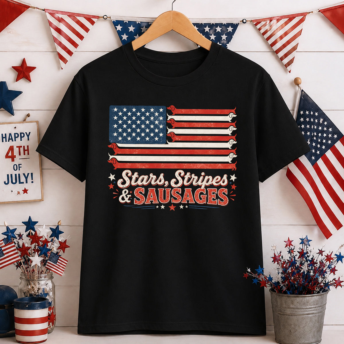 Stars, Stripes &amp; Sausages Dachshund American Flag T-shirt, Vintage Wiener Dog 4th of July Tshirt, Patriotic Doxie Gift America 250 Celebration T-shirt