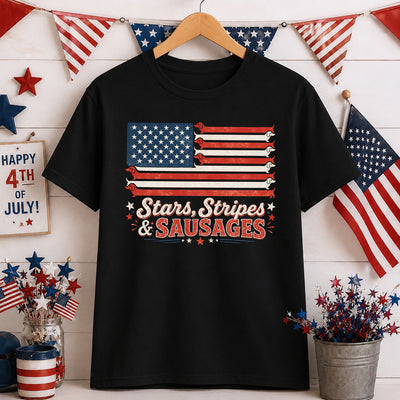 Stars, Stripes & Sausages Dachshund American Flag T-shirt, Vintage Wiener Dog 4th of July Tshirt, Patriotic Doxie Gift America 250 Celebration T-shirt