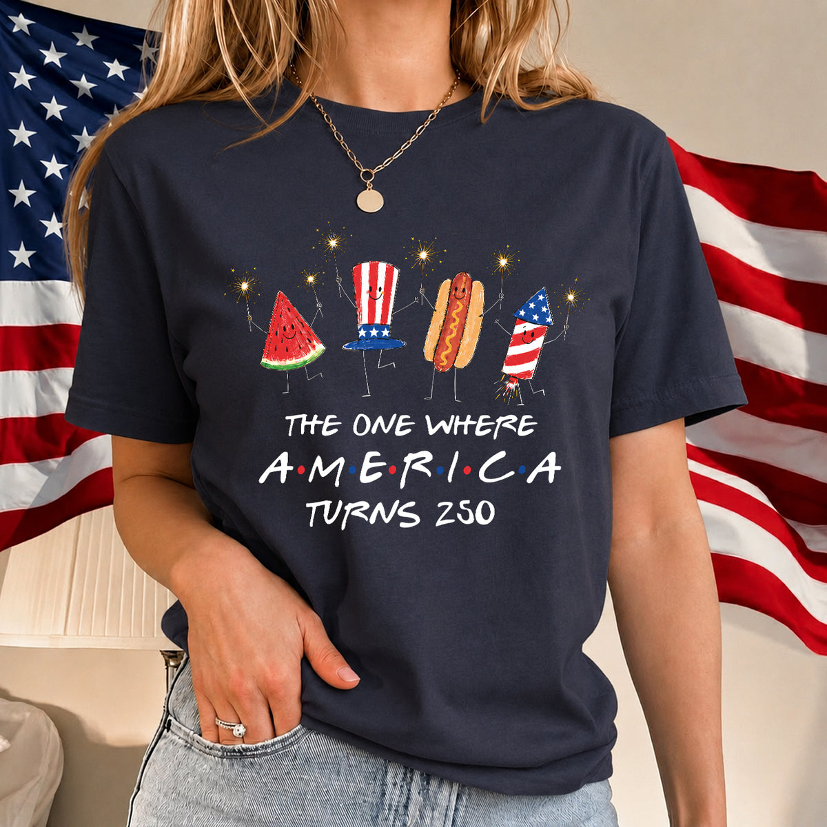 Watermelon Hotdog Firework Friend Patriotic Doodle Shirt, Cute Fourth of July Shirt,Retro American Shirt, Funny Sumer 250th Shirt