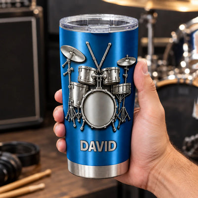 Drums Are My Therapy – Personalized Tumbler, Brushed Silver Metal Tumble, Drum Lovers Gift