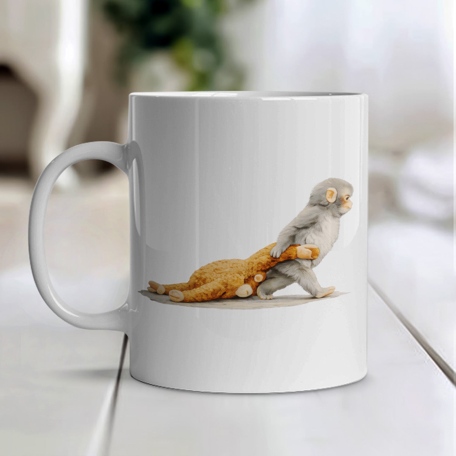 Monkey Punch Graphic Mug, Baby Monkey Holding Plush Toy Tee, Animal Lover Gift, Cute Trendy Mug gift