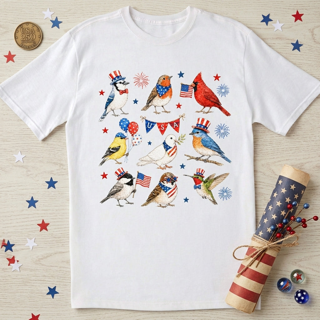 USA 250th Anniversary Bird T-Shirt, Patriotic American Birds Tee, Vintage Independence Day Animal Shirt