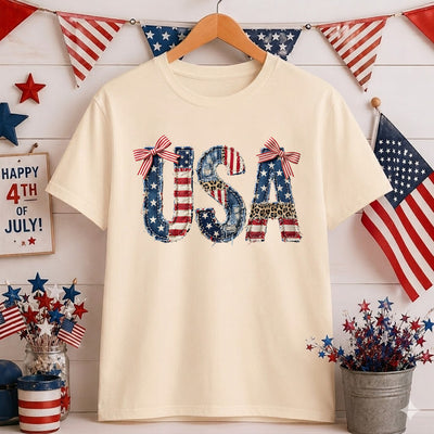 4th of July Faux Patchwork USA T-Shirt, Patriotic American Flag Shirt, USA Flag Tee, 4th of July Tee