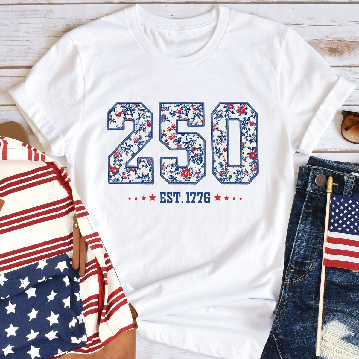 250 Est. 1776 Floral T-shirt, Vintage Patriotic Americana Shirt, Blue Denim Fourth of July Shirt