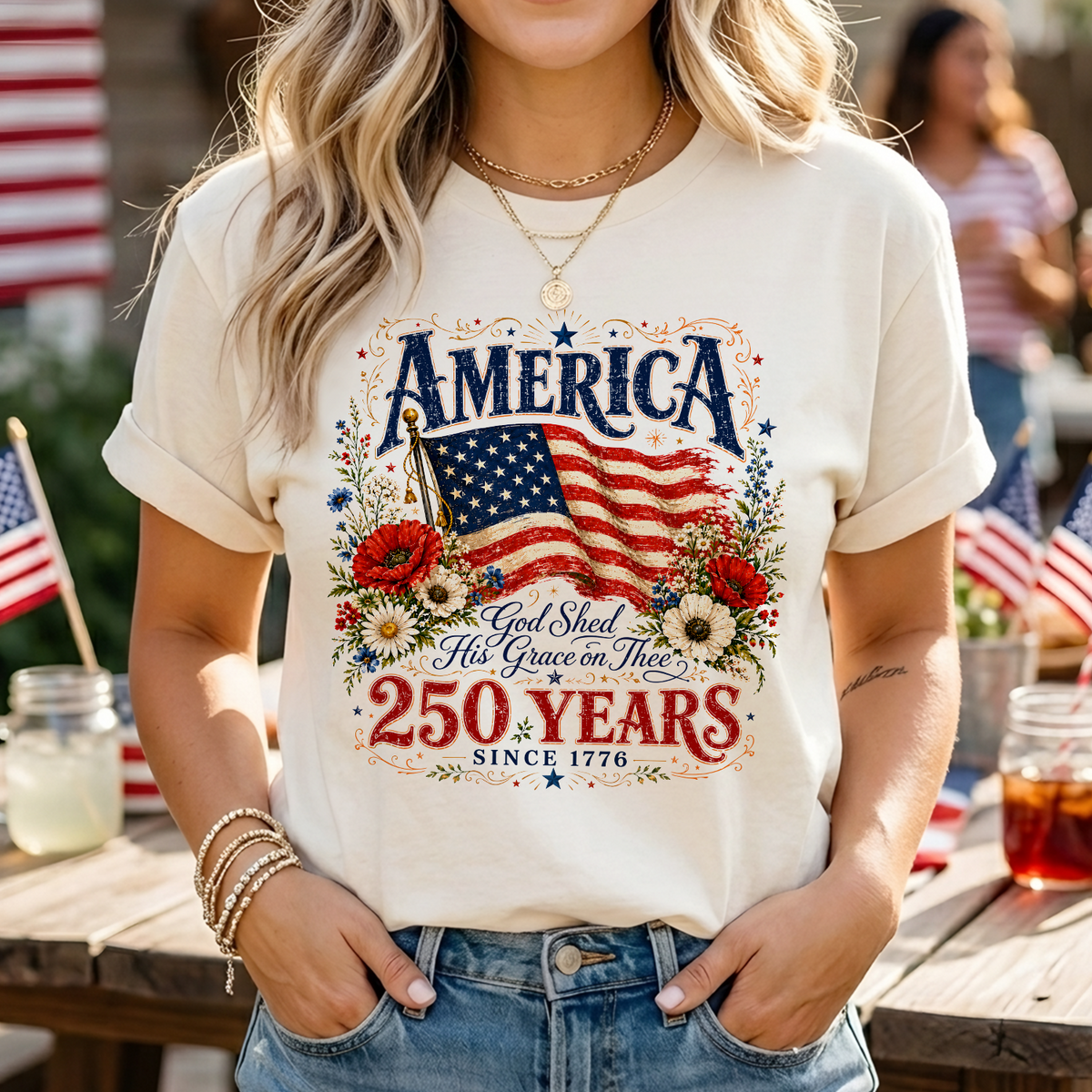 250 Years Since 1776 God Shed His Grace on Thee T-Shirt,  250 Years Flag &amp; Poppies Shirt, Patriotic Floral T-Shirt