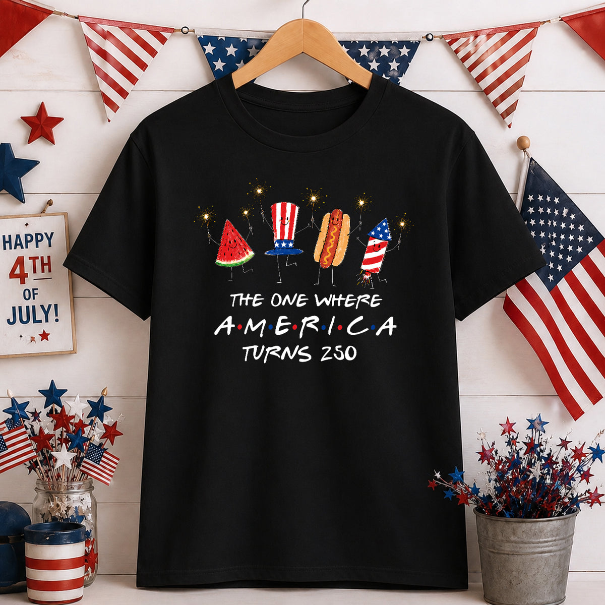 Watermelon Hotdog Firework Friend Patriotic Doodle Shirt, Cute Fourth of July Shirt,Retro American Shirt, Funny Sumer 250th Shirt