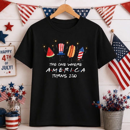 Watermelon Hotdog Firework Friend Patriotic Doodle Shirt, Cute Fourth of July Shirt,Retro American Shirt, Funny Sumer 250th Shirt