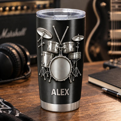 Drums Are My Therapy – Personalized Tumbler, Brushed Silver Metal Tumble, Drum Lovers Gift