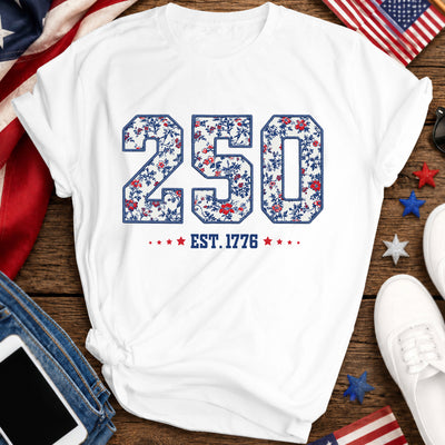 250 Est. 1776 Floral T-shirt, Vintage Patriotic Americana Shirt, Blue Denim Fourth of July Shirt