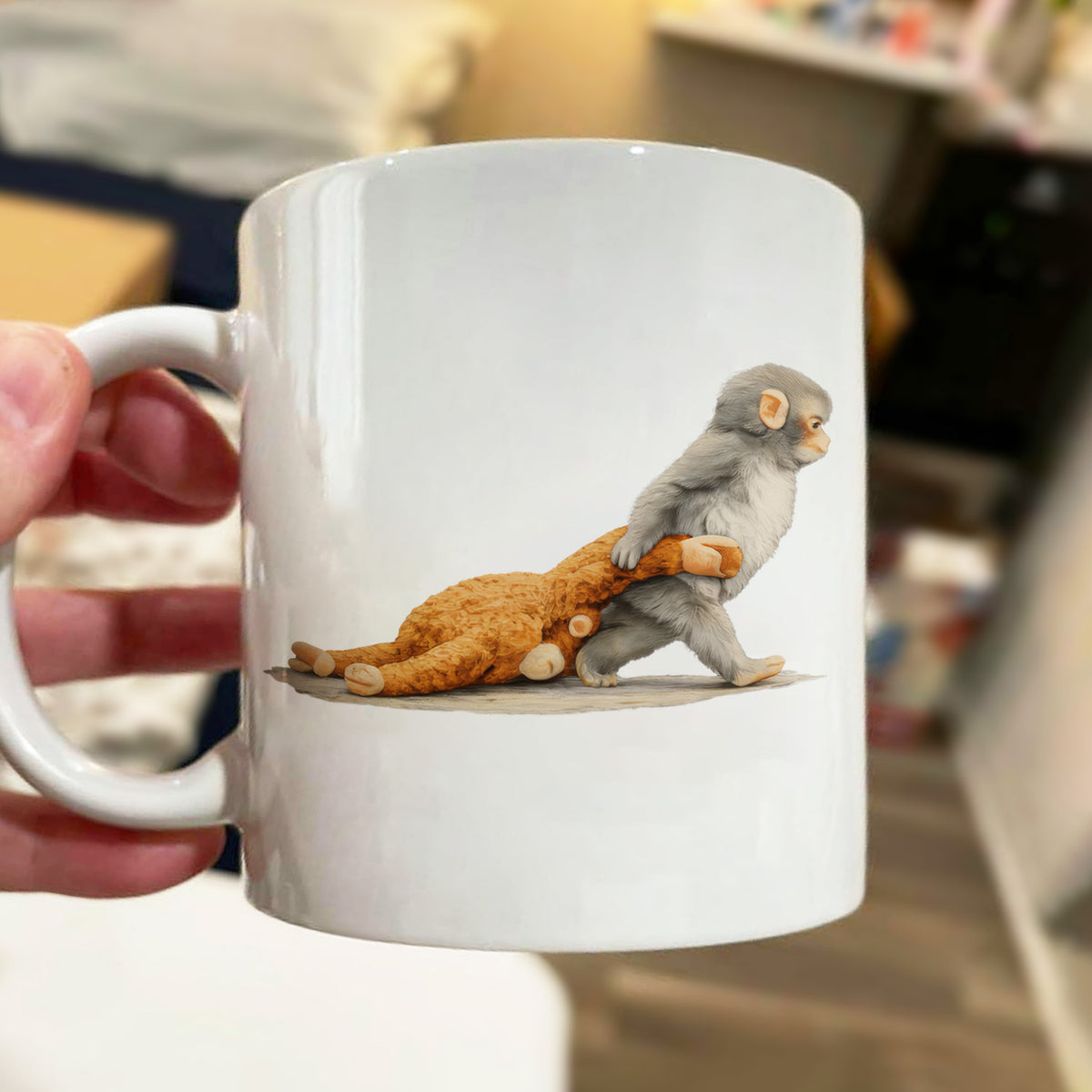 Monkey Punch Graphic Mug, Baby Monkey Holding Plush Toy Tee, Animal Lover Gift, Cute Trendy Mug gift