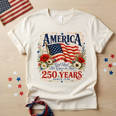 250 Years Since 1776 God Shed His Grace on Thee T-Shirt,  250 Years Flag & Poppies Shirt, Patriotic Floral T-Shirt