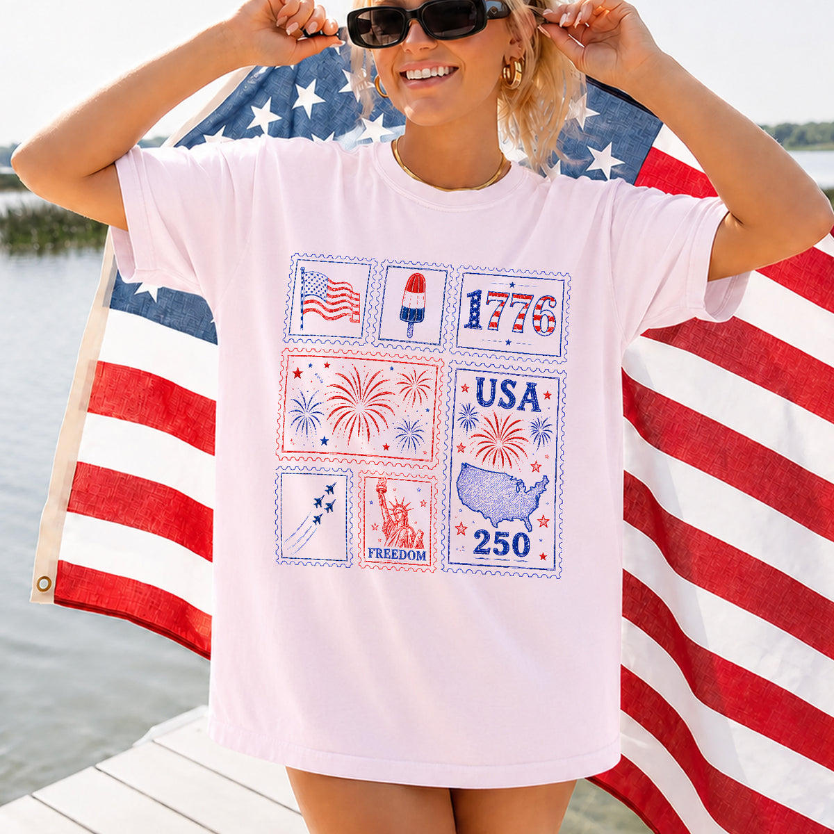 Patriotic Stamp Shirt, USA 250 Vintage America, 4th of July T Shirt, Retro Patriotic Shirt, American Flag Shirt