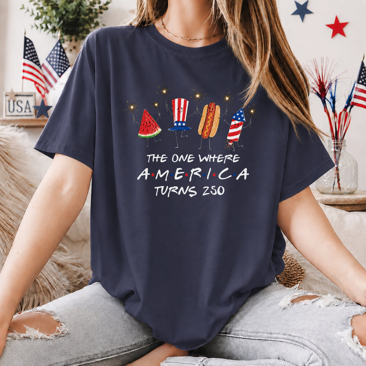 Watermelon Hotdog Firework Friend Patriotic Doodle Shirt, Cute Fourth of July Shirt,Retro American Shirt, Funny Sumer 250th Shirt