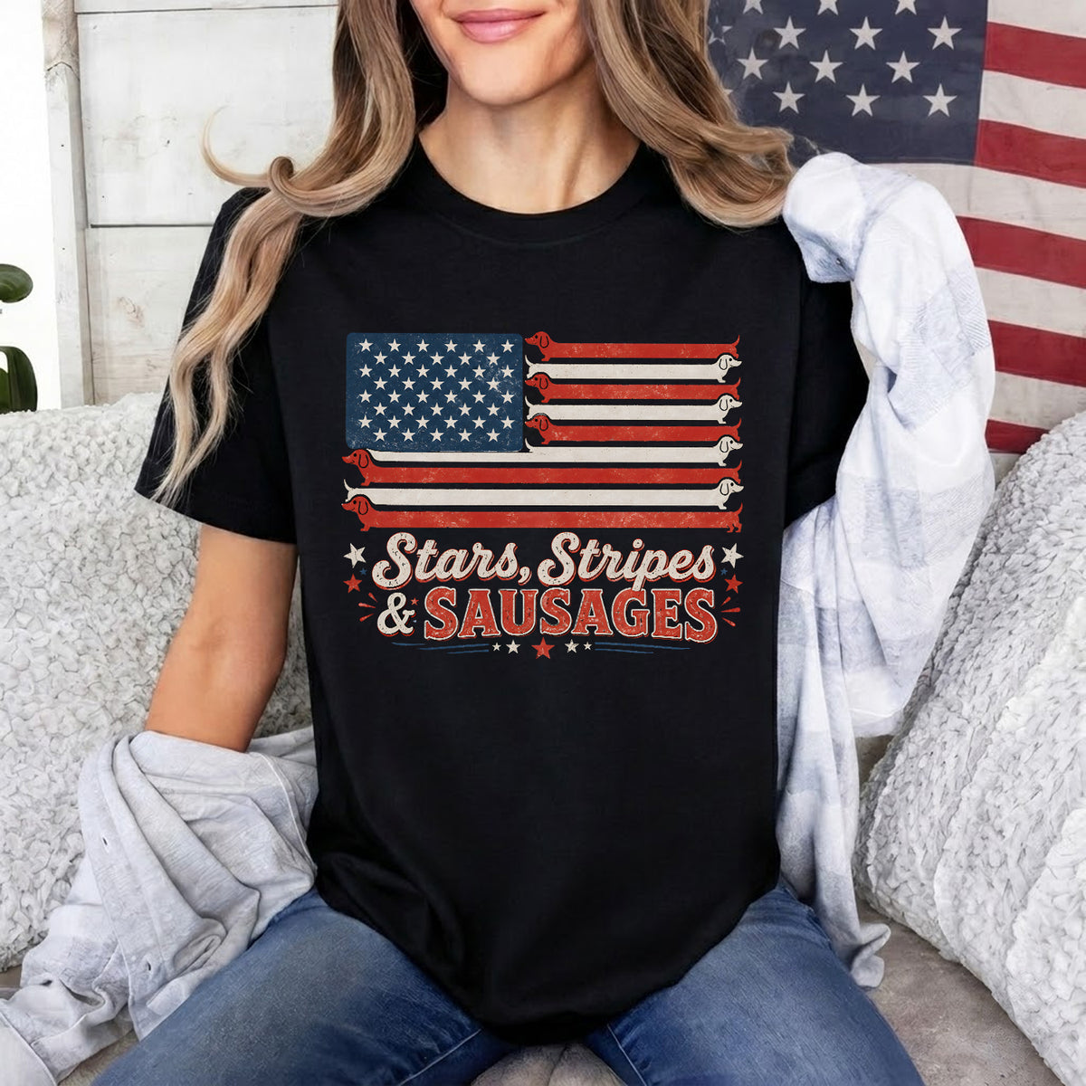 Stars, Stripes &amp; Sausages Dachshund American Flag T-shirt, Vintage Wiener Dog 4th of July Tshirt, Patriotic Doxie Gift America 250 Celebration T-shirt
