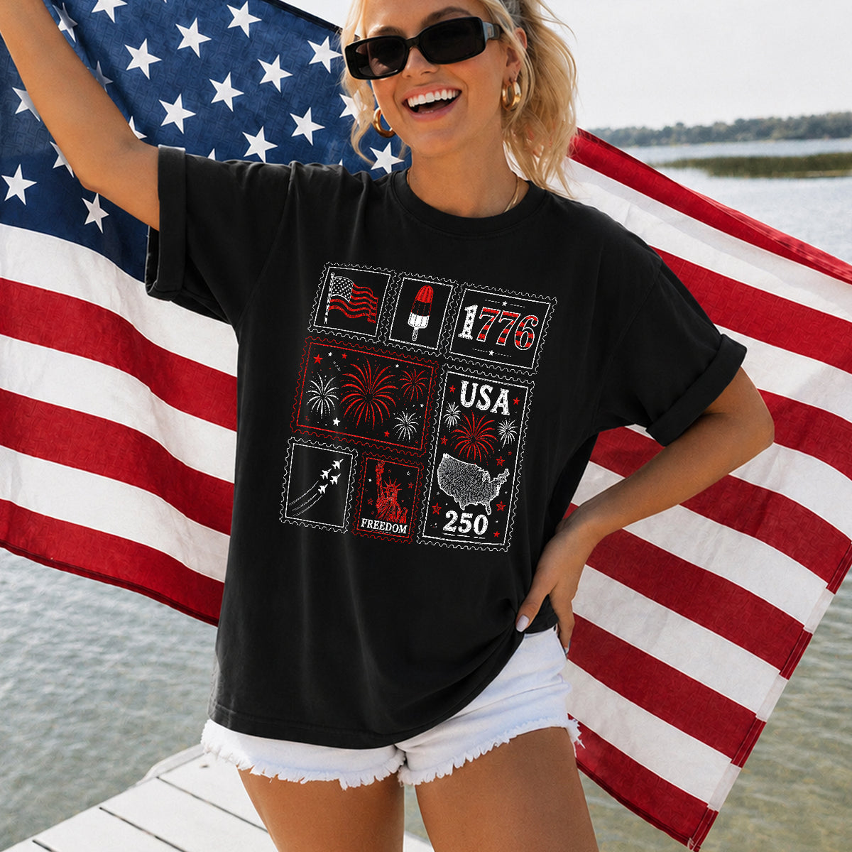Patriotic Stamp Shirt, USA 250 Vintage America, 4th of July T Shirt, Retro Patriotic Shirt, American Flag Shirt