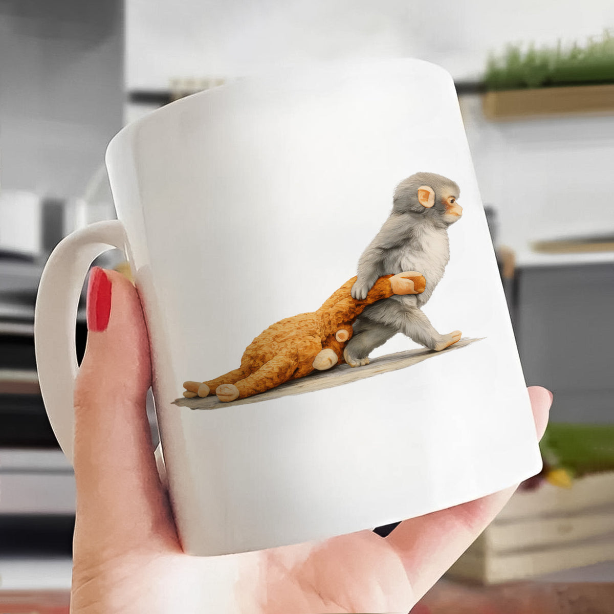 Monkey Punch Graphic Mug, Baby Monkey Holding Plush Toy Tee, Animal Lover Gift, Cute Trendy Mug gift