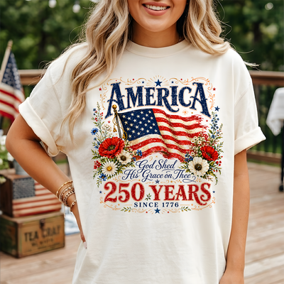 250 Years Since 1776 God Shed His Grace on Thee T-Shirt,  250 Years Flag & Poppies Shirt, Patriotic Floral T-Shirt