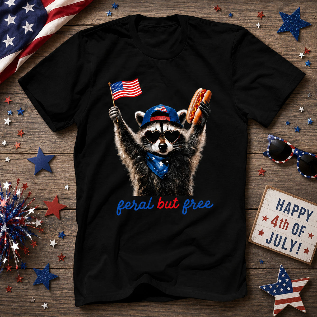 Feral &amp; Free Racoon Shirt, 4th of July Shirt, USA Independence Day Shirt, Funny Raccoon Tee, Patriotic Shirt