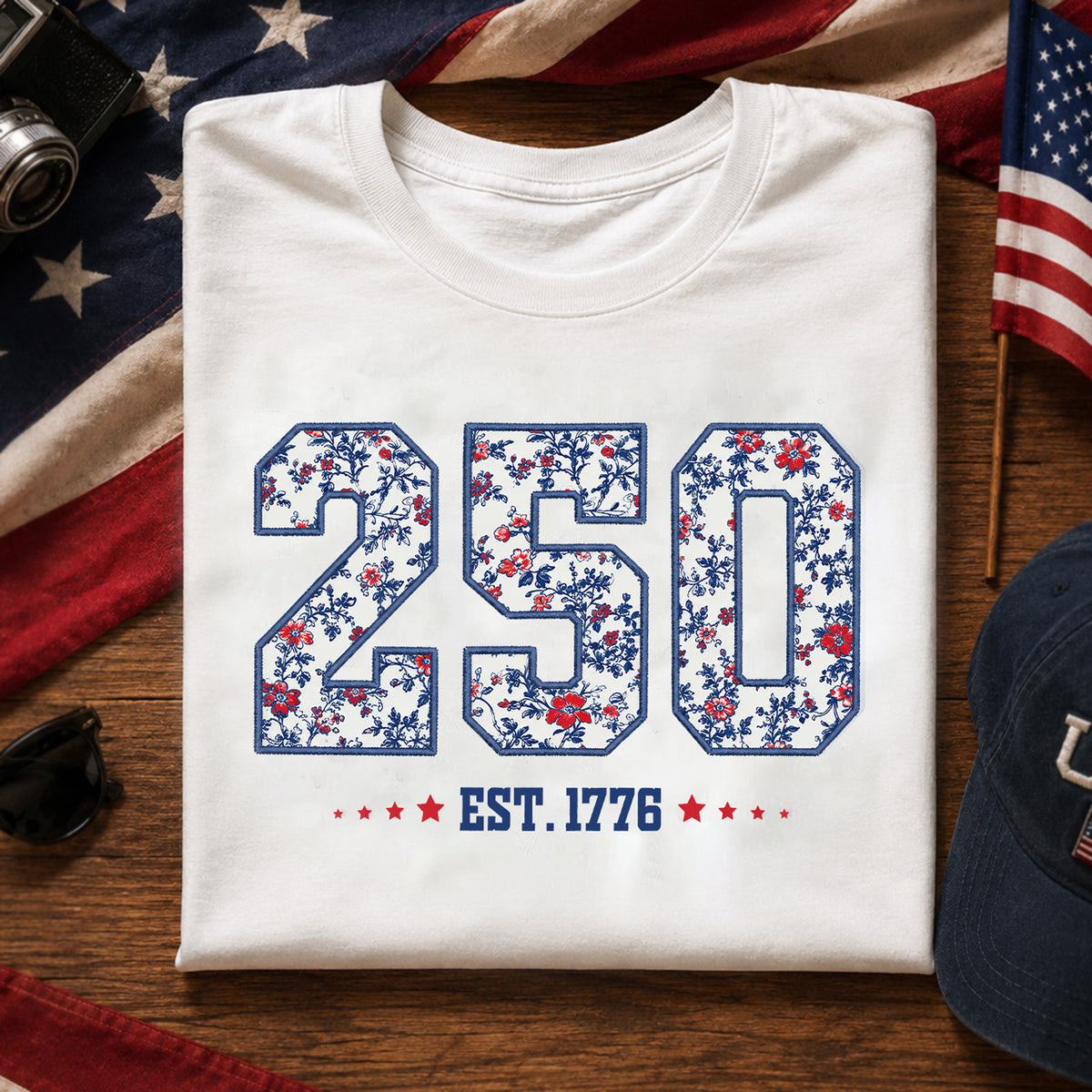 250 Est. 1776 Floral T-shirt, Vintage Patriotic Americana Shirt, Blue Denim Fourth of July Shirt