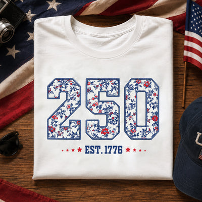 250 Est. 1776 Floral T-shirt, Vintage Patriotic Americana Shirt, Blue Denim Fourth of July Shirt