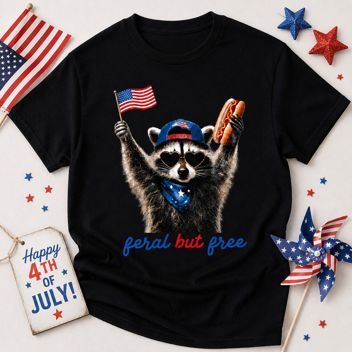 Feral &amp; Free Racoon Shirt, 4th of July Shirt, USA Independence Day Shirt, Funny Raccoon Tee, Patriotic Shirt