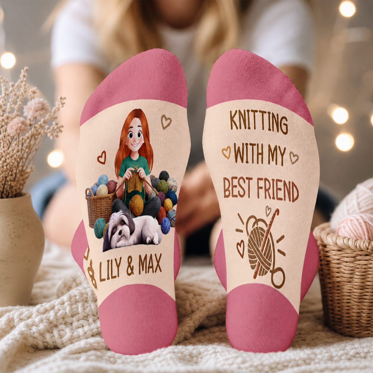 Knitting With My Best Friend  - Personalized Middle Tube Socks, Dog And Owner Crochet Socks, Gift For Crochet &amp; Dog Lovers