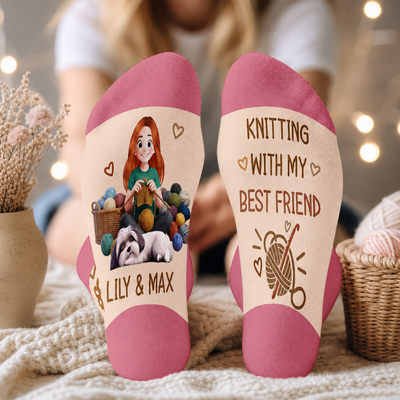 Knitting With My Best Friend  - Personalized Middle Tube Socks, Dog And Owner Crochet Socks, Gift For Crochet & Dog Lovers