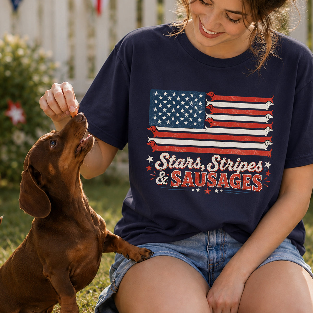 Stars, Stripes &amp; Sausages Dachshund American Flag T-shirt, Vintage Wiener Dog 4th of July Tshirt, Patriotic Doxie Gift America 250 Celebration T-shirt