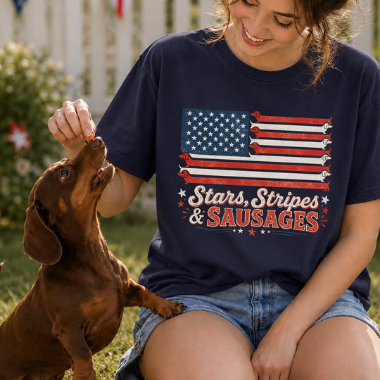 Stars, Stripes & Sausages Dachshund American Flag T-shirt, Vintage Wiener Dog 4th of July Tshirt, Patriotic Doxie Gift America 250 Celebration T-shirt