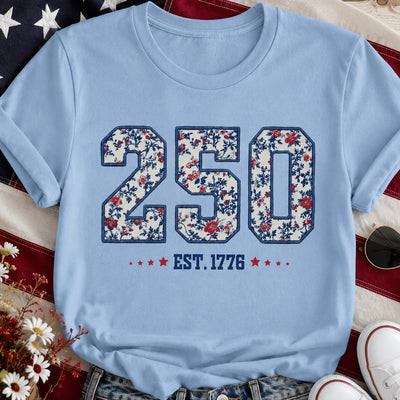 250 Est. 1776 Floral T-shirt, Vintage Patriotic Americana Shirt, Blue Denim Fourth of July Shirt