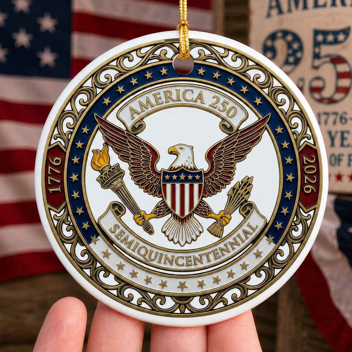 America 250 Ornament, Semiquincentennial 1776-2026 Ceramic Ornament, USA 250th Anniversary Gift, Patriotic Eagle Ornament