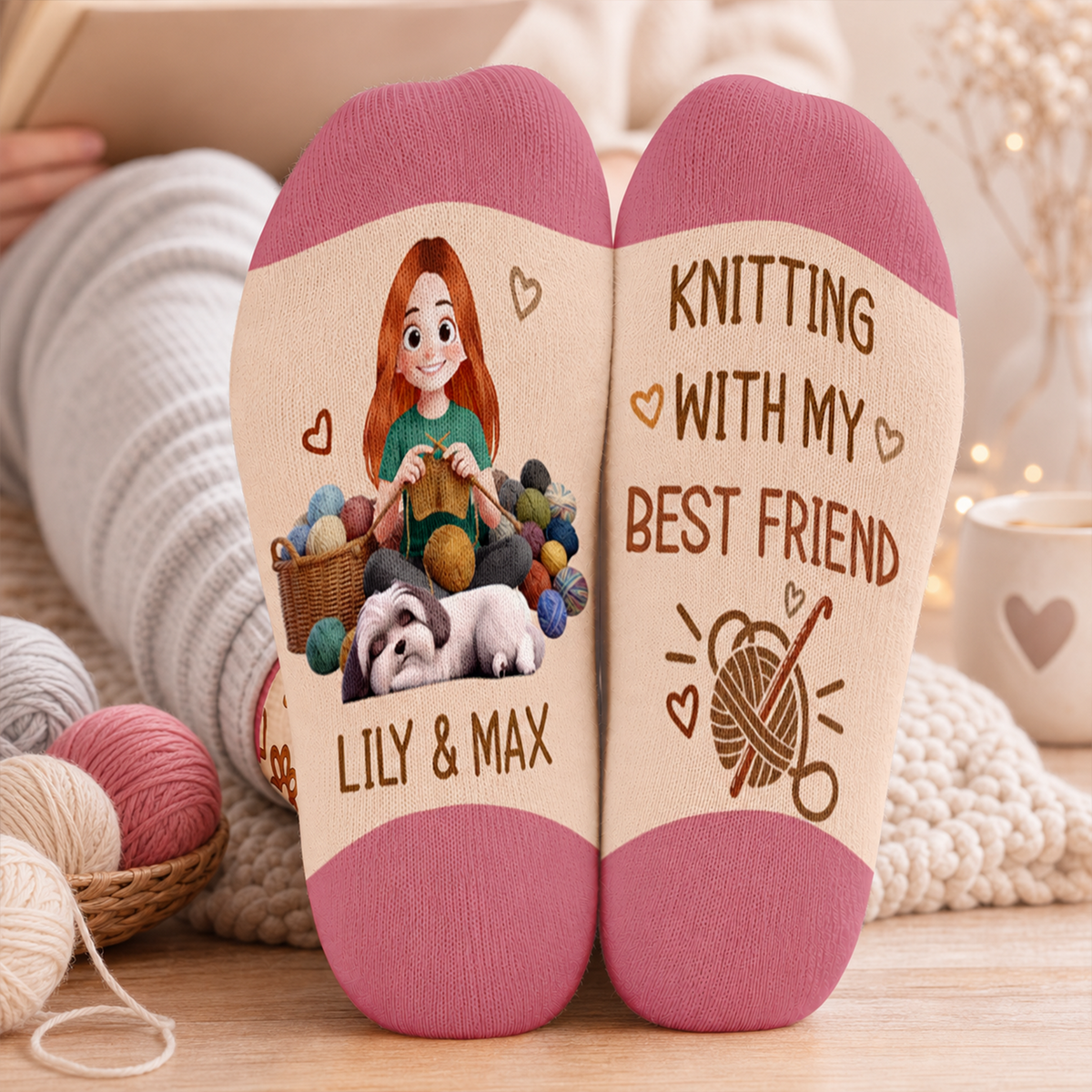 Knitting With My Best Friend  - Personalized Middle Tube Socks, Dog And Owner Crochet Socks, Gift For Crochet &amp; Dog Lovers