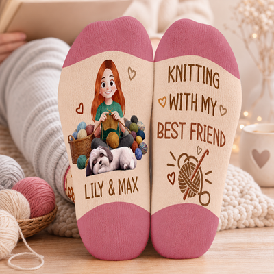 Knitting With My Best Friend  - Personalized Middle Tube Socks, Dog And Owner Crochet Socks, Gift For Crochet & Dog Lovers