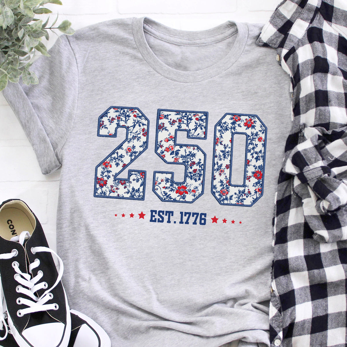 250 Est. 1776 Floral T-shirt, Vintage Patriotic Americana Shirt, Blue Denim Fourth of July Shirt