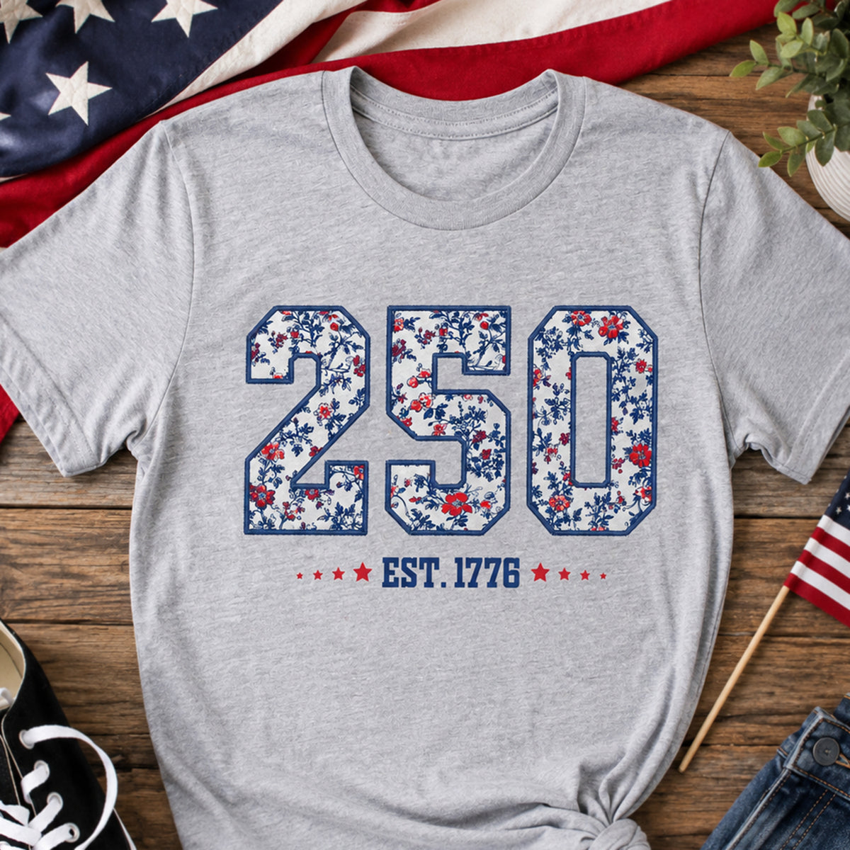 250 Est. 1776 Floral T-shirt, Vintage Patriotic Americana Shirt, Blue Denim Fourth of July Shirt