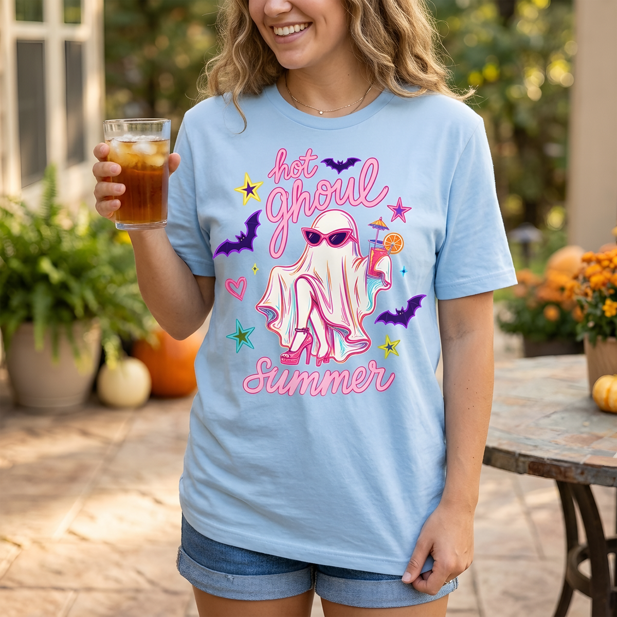 Hot Ghoul Summer - Cute Ghost Halloween Shirt, Neon Retro Spooky Tee, Trendy Fall Graphic T-Shirt