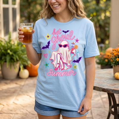 Hot Ghoul Summer - Cute Ghost Halloween Shirt, Neon Retro Spooky Tee, Trendy Fall Graphic T-Shirt